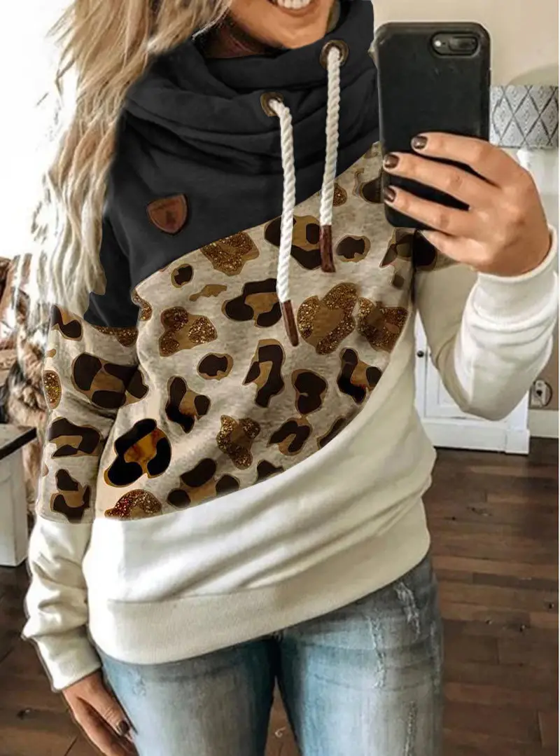 Women's Leopard Print Hooded Fleece Sweater White Beige