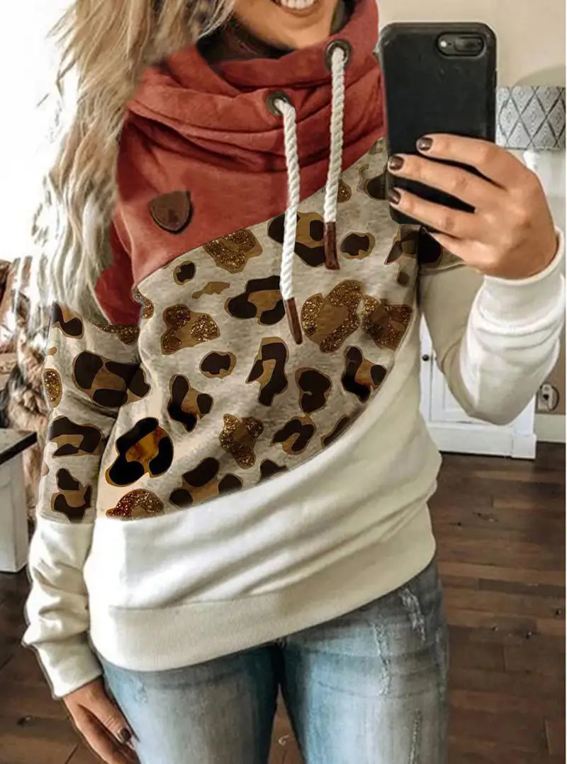 Women's Leopard Print Hooded Fleece Sweater White Beige
