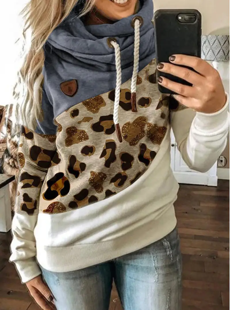 Women's Leopard Print Hooded Fleece Sweater White Beige