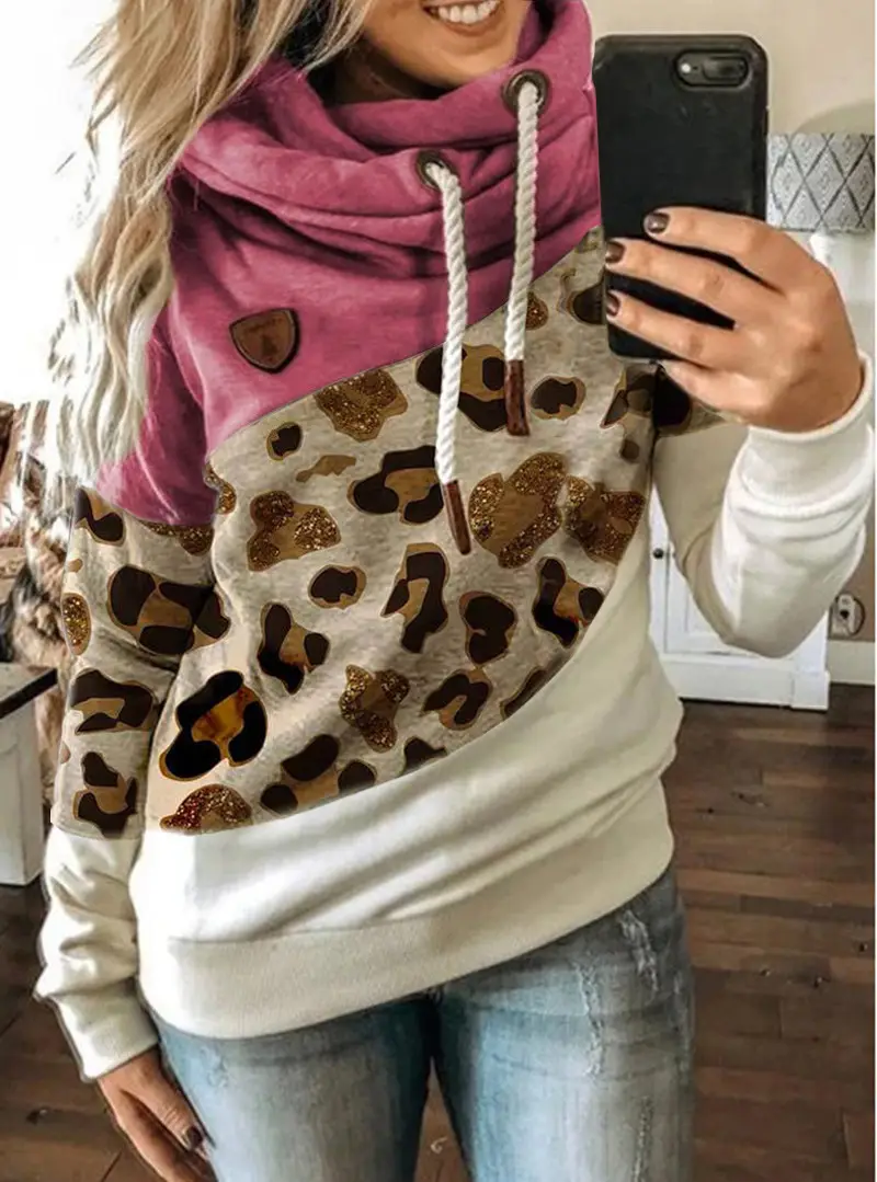 Women's Leopard Print Hooded Fleece Sweater White Beige