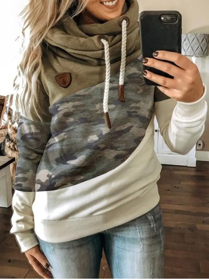 Women's Leopard Print Hooded Fleece Sweater White Beige