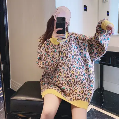 Women Leopard Print Round Neck Sweater Medium