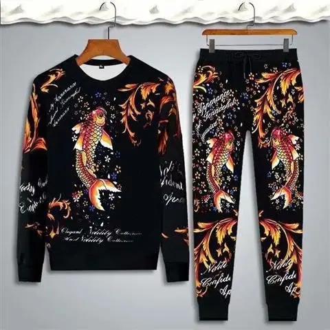 Men Chinese Dragon Printed Long Sleeve Sweatpants Large