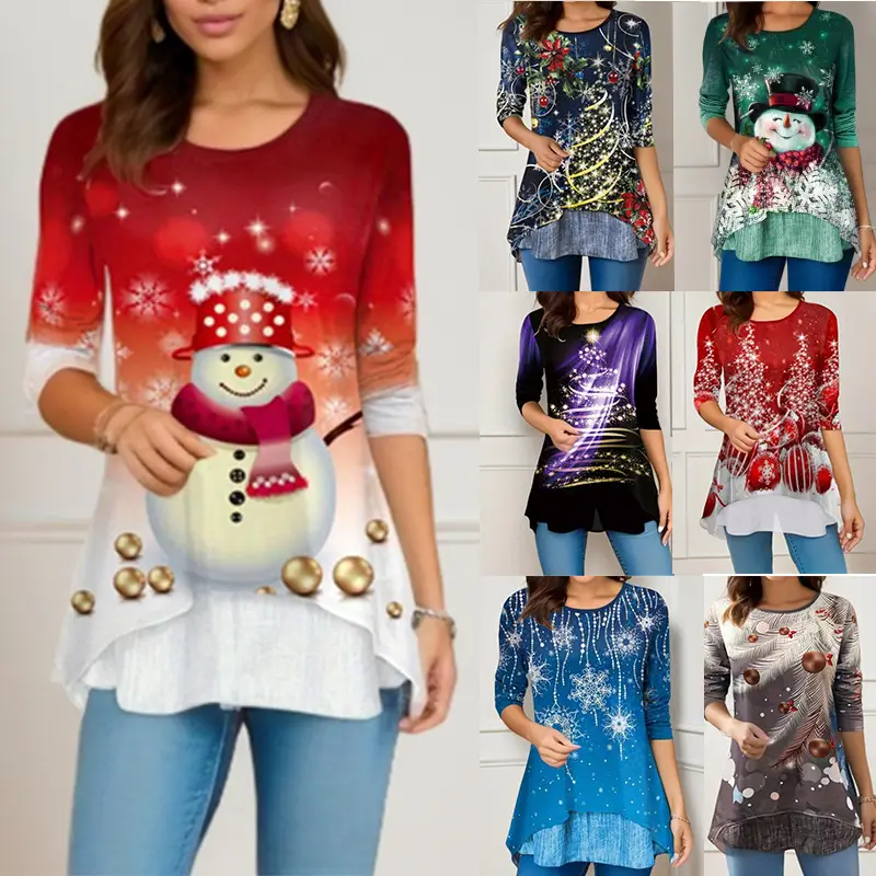 Women's Green Snowman Printed Long Sleeve T-Shirt - Image 11