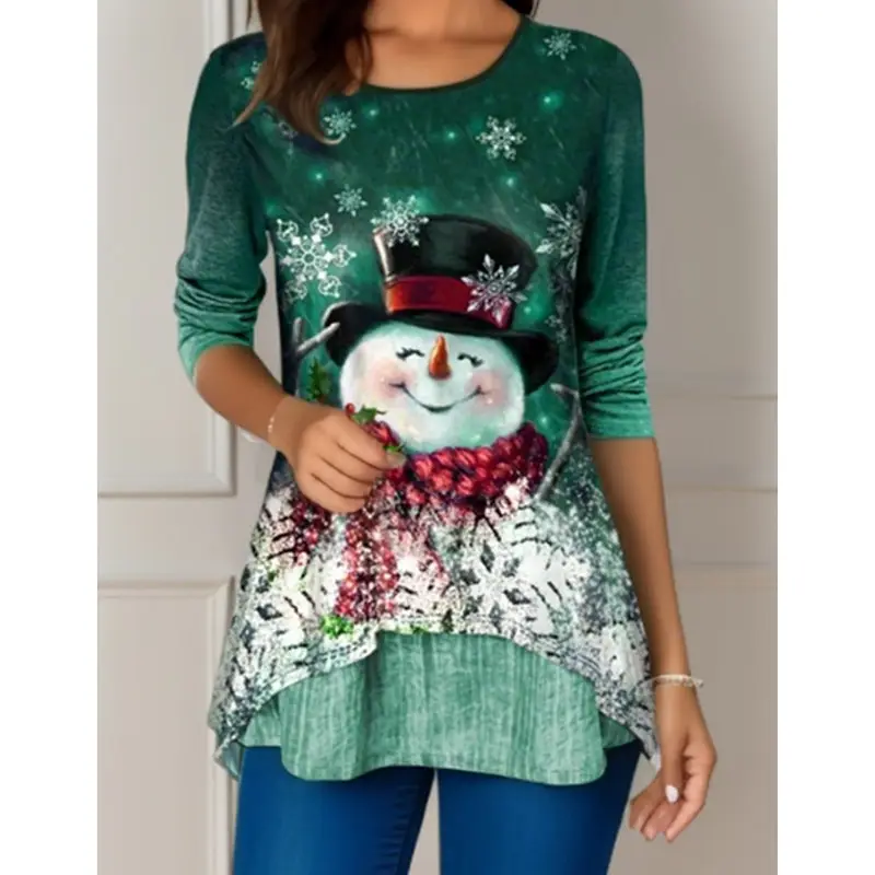 Women's Green Snowman Printed Long Sleeve T-Shirt - Image 12