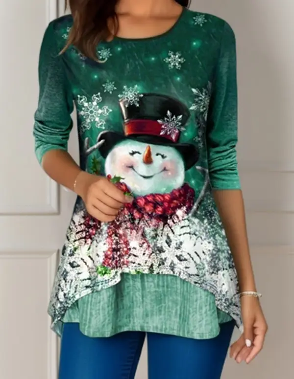 Women's Green Snowman Printed Long Sleeve T-Shirt - Image 3