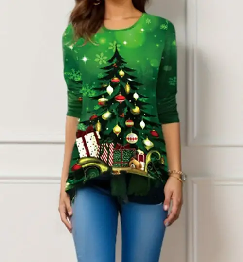 Women's Green Snowman Printed Long Sleeve T-Shirt - Image 4
