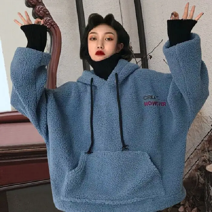 Fleece Lined Hoodie Blue New Women Loose Fit