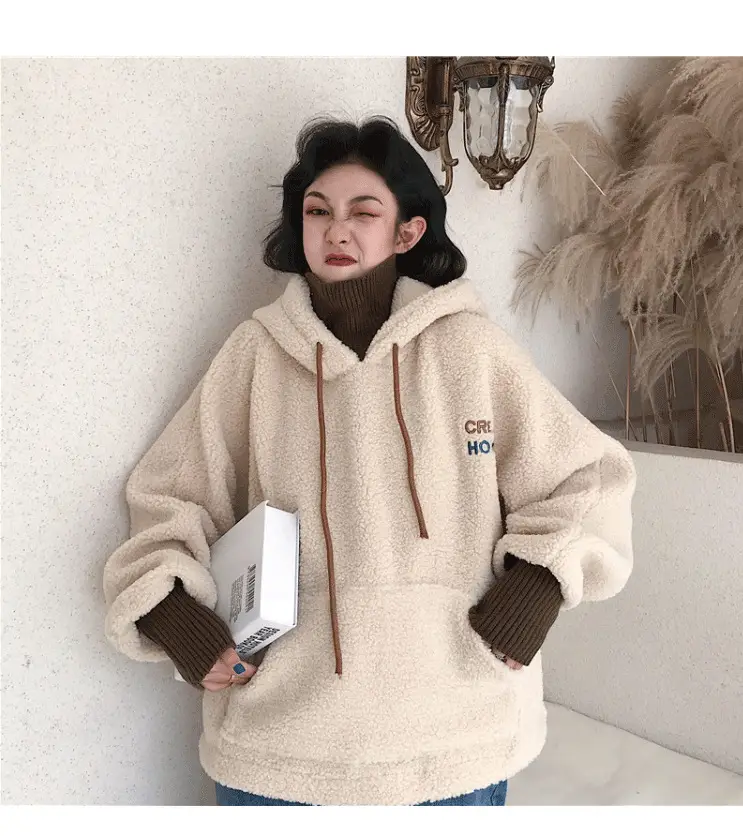 Fleece Lined Hoodie Blue New Women Loose Fit — feature 11