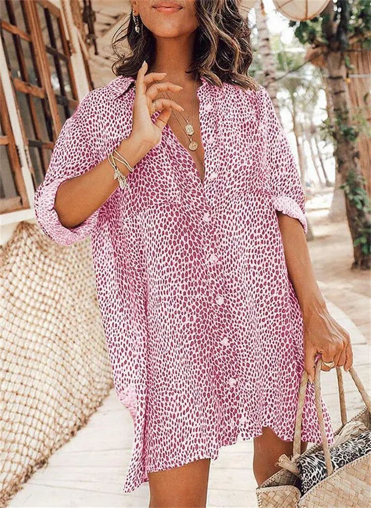 Women Leopard Print Long Sleeve Mini Skirt Dress - Image 2