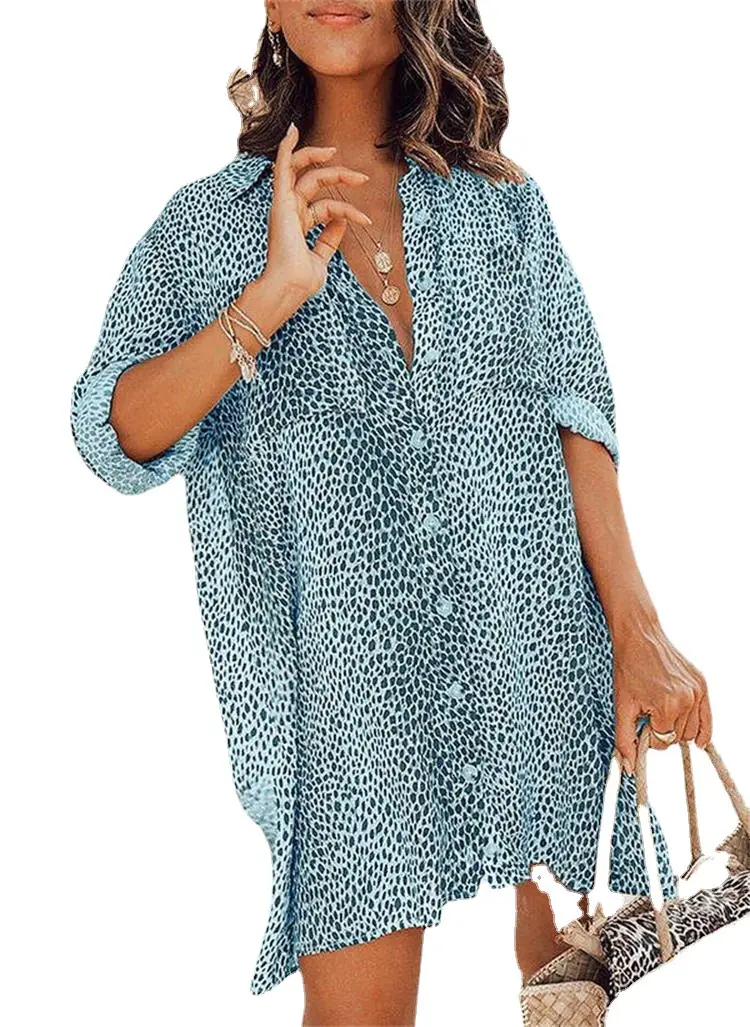 Women Leopard Print Long Sleeve Mini Skirt Dress - Image 11