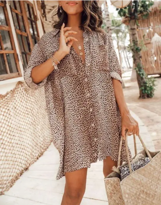 Women Leopard Print Long Sleeve Mini Skirt Dress - Image 7