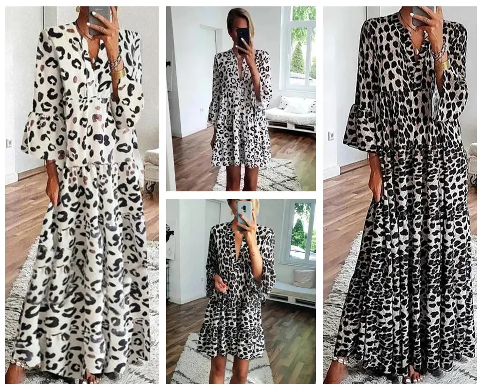 Ladies Leopard Print Long Sleeve Dress White Black - Image 5