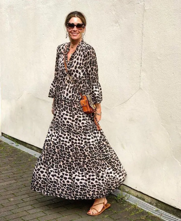 Ladies Leopard Print Long Sleeve Dress White Black - Image 6