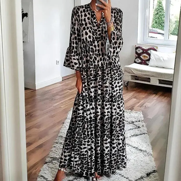 Ladies Leopard Print Long Sleeve Dress White Black - Image 7