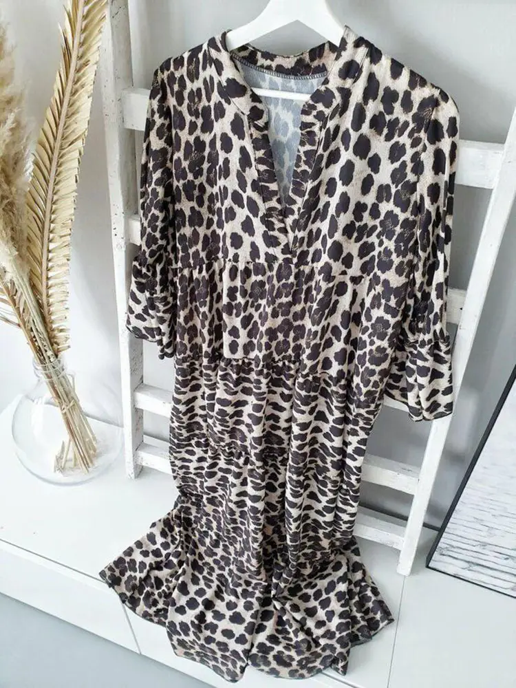 Ladies Leopard Print Long Sleeve Dress White Black - Image 8