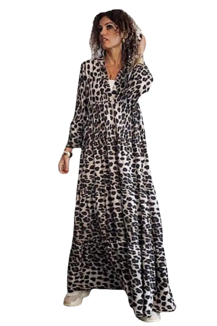 Ladies Leopard Print Long Sleeve Dress White Black - Image 9
