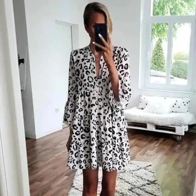 Ladies Leopard Print Long Sleeve Dress White Black - Image 3
