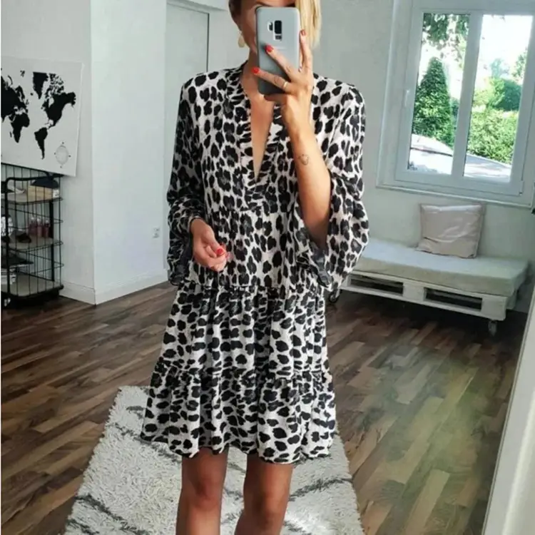Ladies Leopard Print Long Sleeve Dress White Black - Image 4
