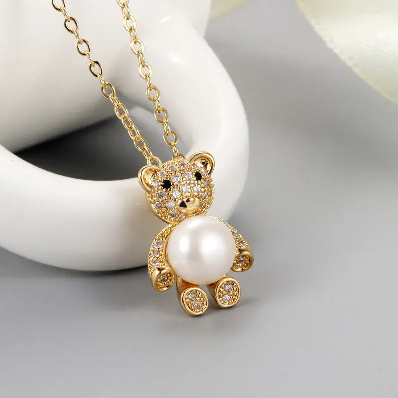 Korean Style Bear Pearl Pendant Necklace for Women - Image 2