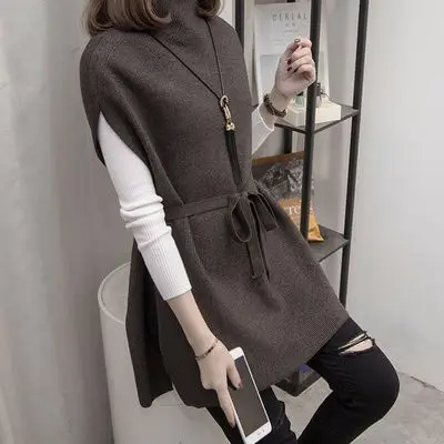 Women's Grey Half Turtleneck Waistcoat Sweater Vest - Image 4