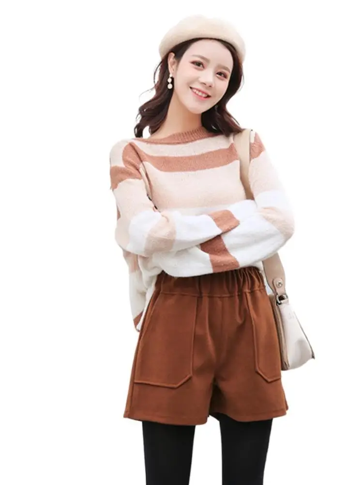 Women Woolen Shorts High Waist Wide Leg Winter Outerwear