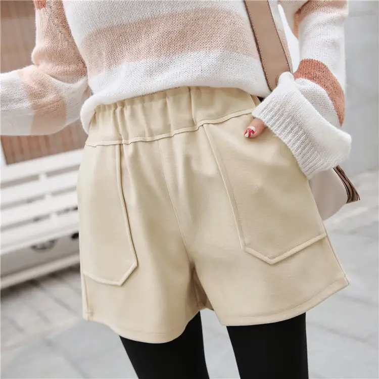 Women Woolen Shorts High Waist Wide Leg Winter Outerwear