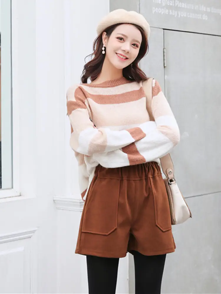 Women Woolen Shorts High Waist Wide Leg Winter Outerwear