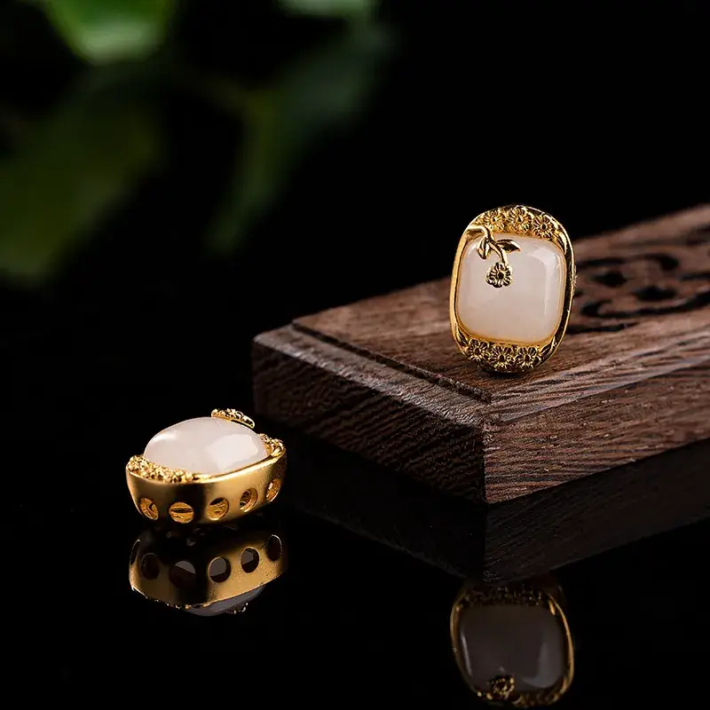 White Jade Owl Earrings with Gold Plating - Image 3