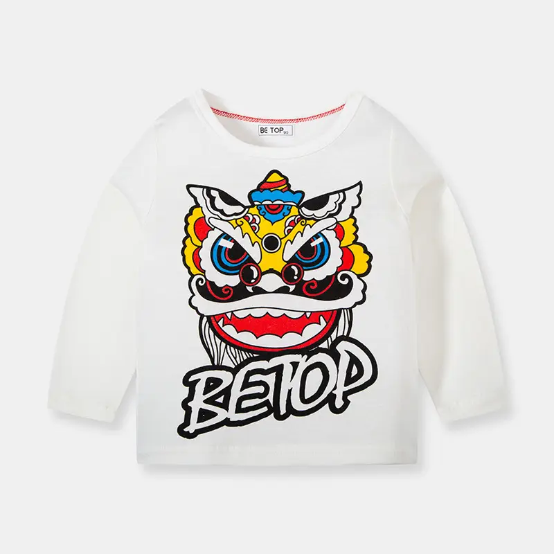 Children's Long Sleeve T-Shirt White Cotton Lion Dance Print - Image 6