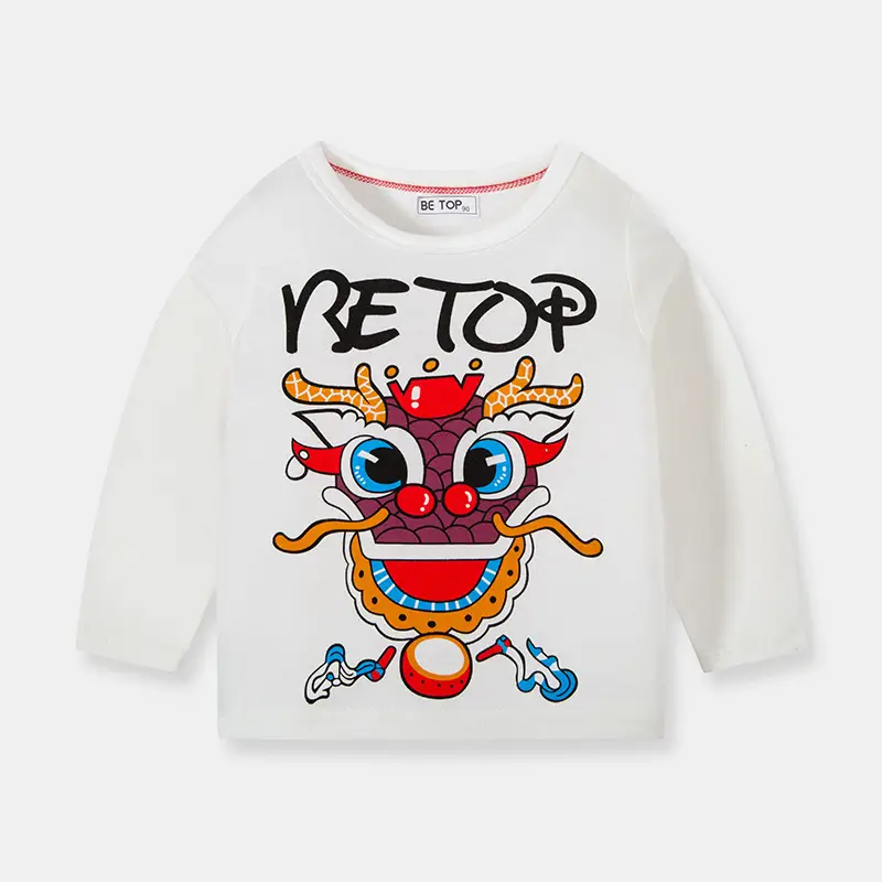 Children's Long Sleeve T-Shirt White Cotton Lion Dance Print - Image 8