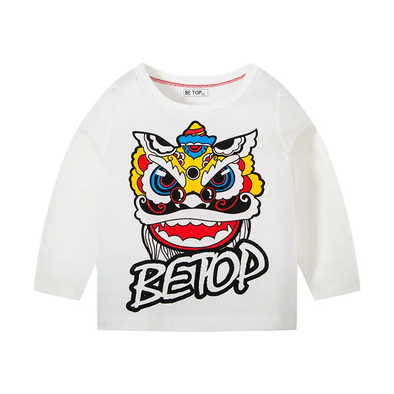 Children's Long Sleeve T-Shirt White Cotton Lion Dance Print - Image 3
