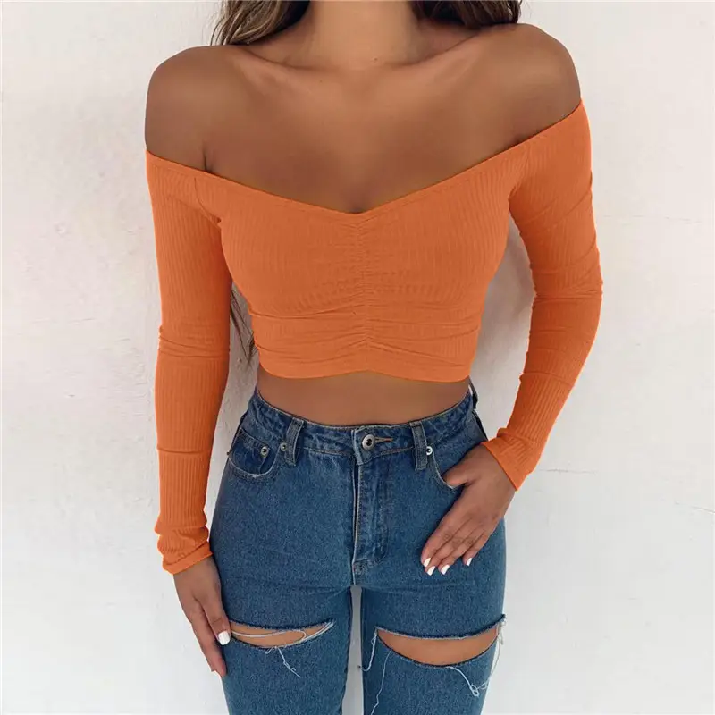 Women's Long Sleeve One Shoulder Top with Navel Baring Design
