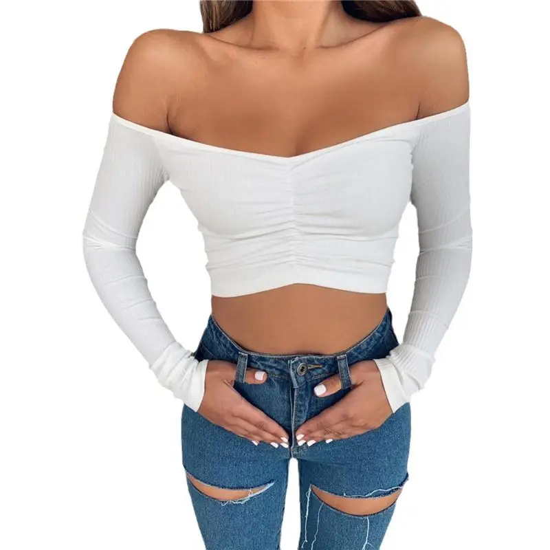 Women's Long Sleeve One Shoulder Top with Navel Baring Design