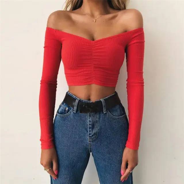 Women's Long Sleeve One Shoulder Top with Navel Baring Design