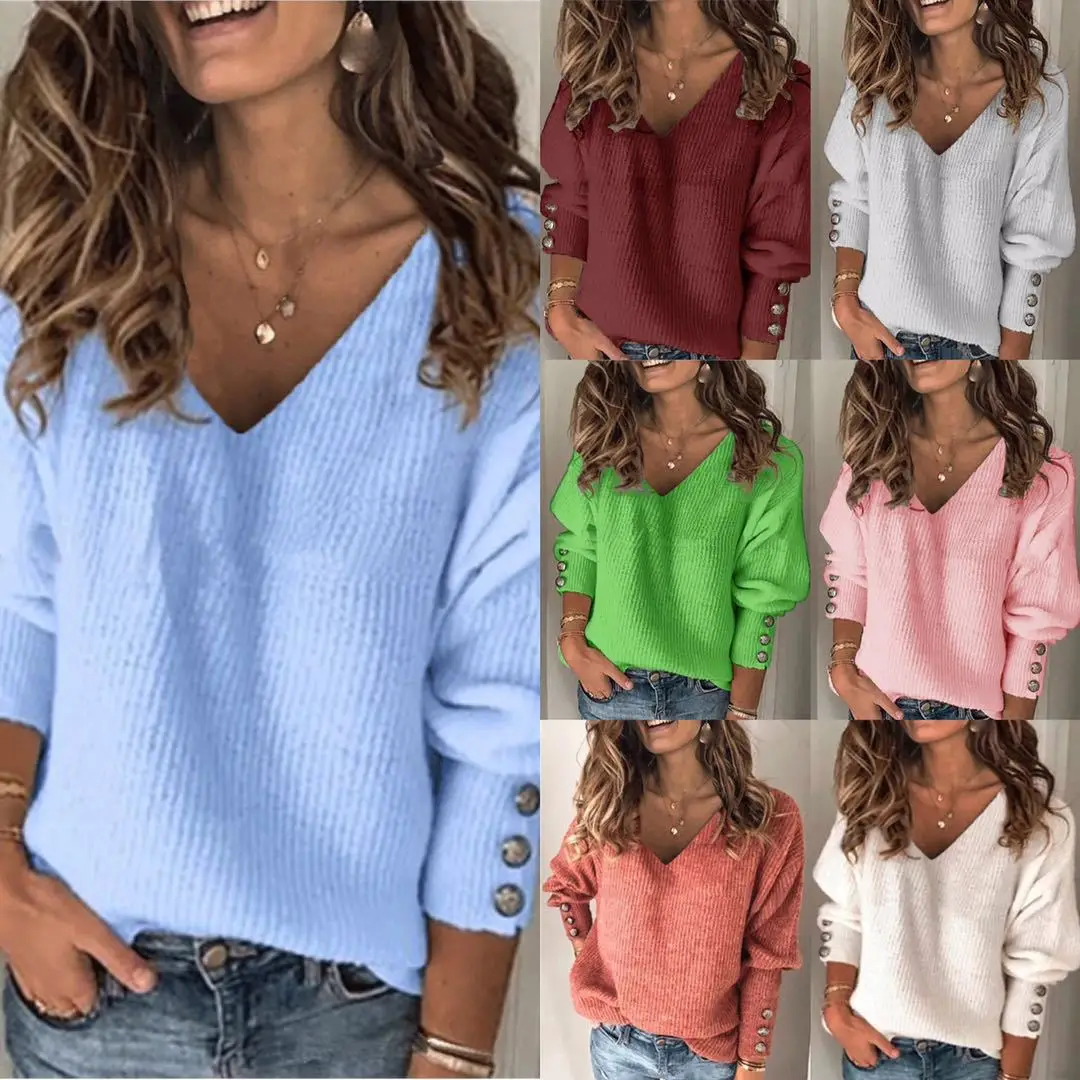 Women's Black Knitted V-neck T-shirt with Button Sleeves - Image 11