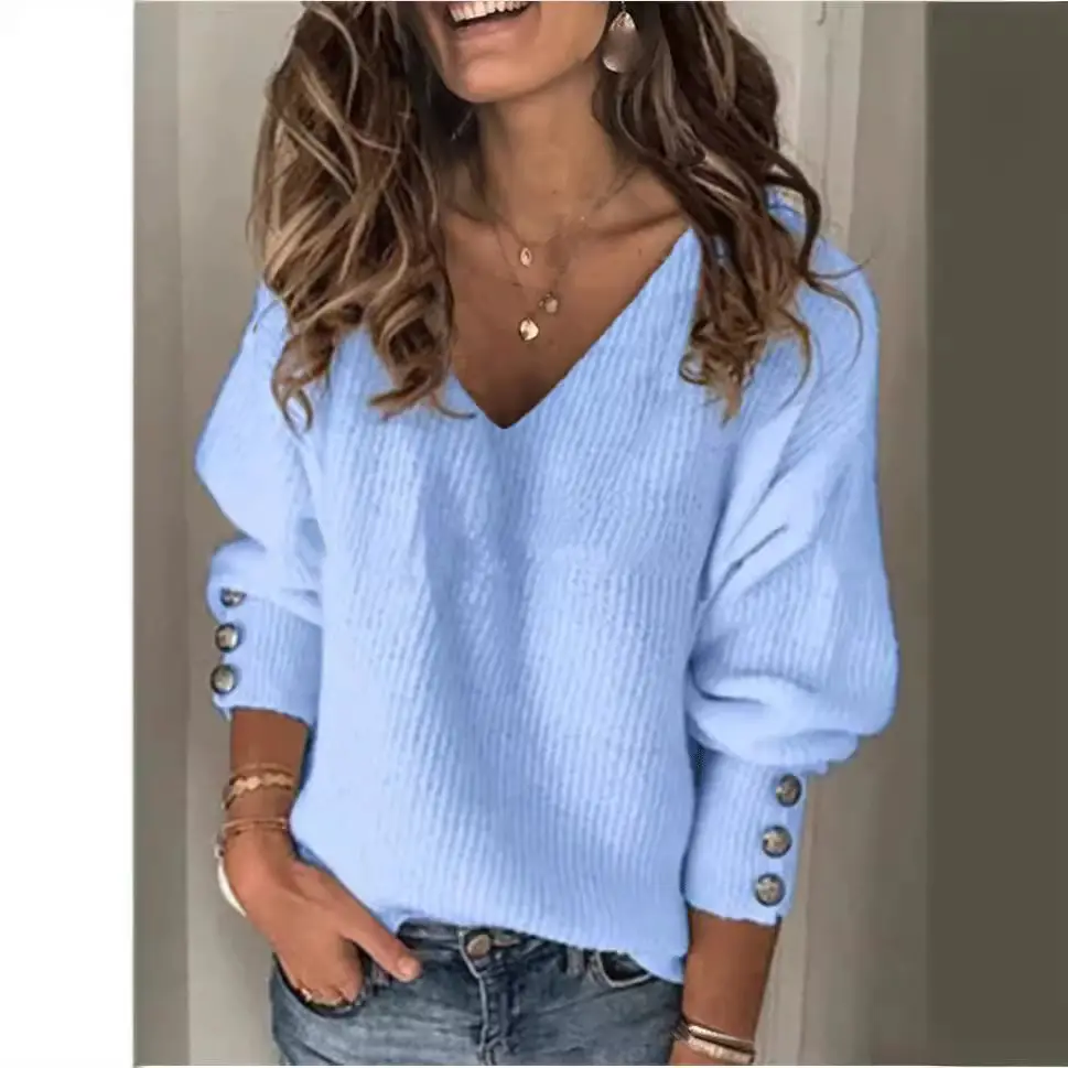 Women's Black Knitted V-neck T-shirt with Button Sleeves - Image 12