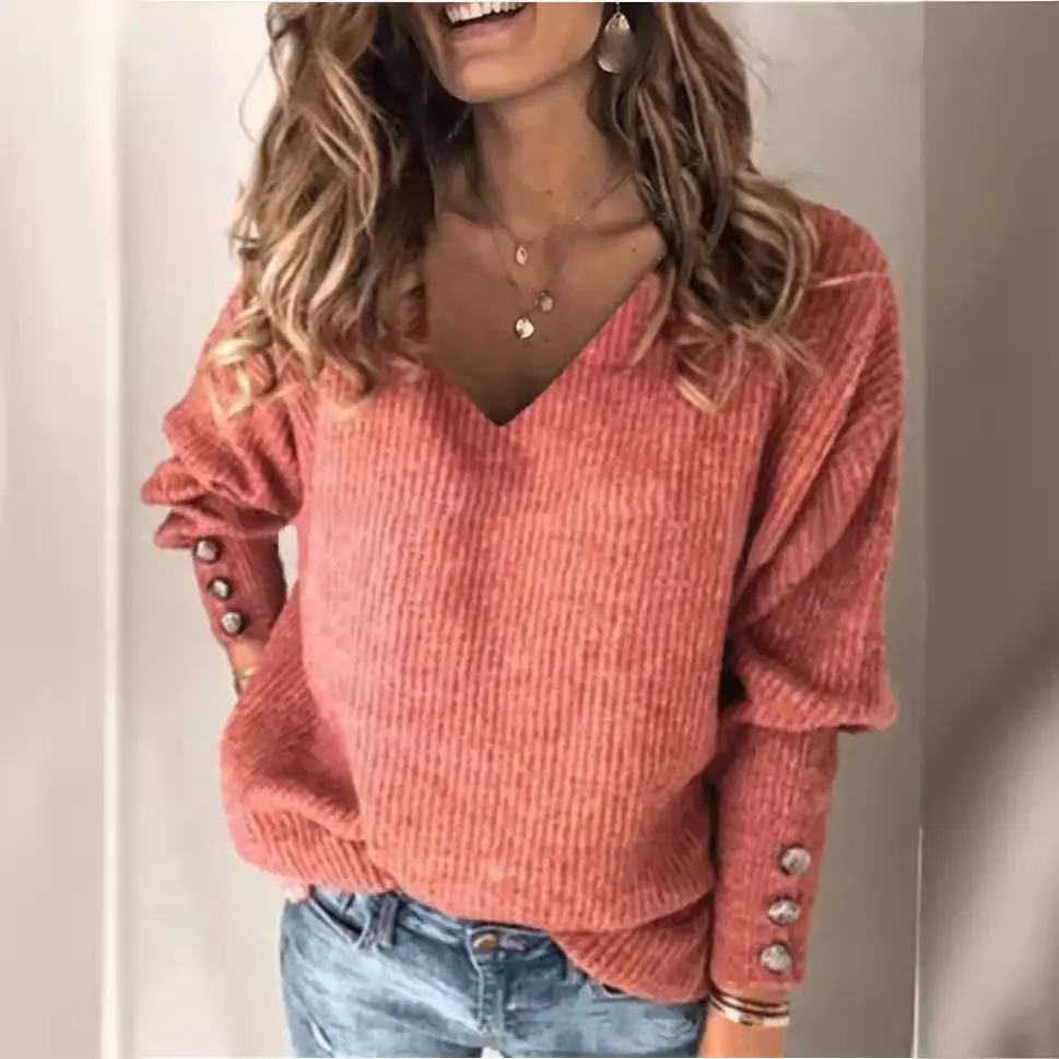 Women's Black Knitted V-neck T-shirt with Button Sleeves - Image 13