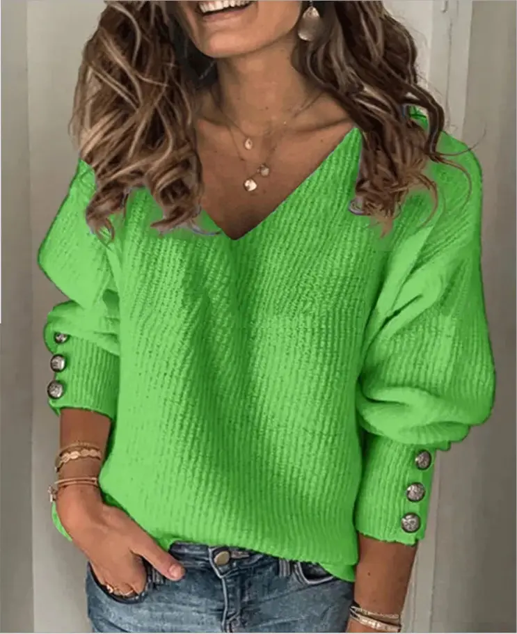 Women's Black Knitted V-neck T-shirt with Button Sleeves - Image 2