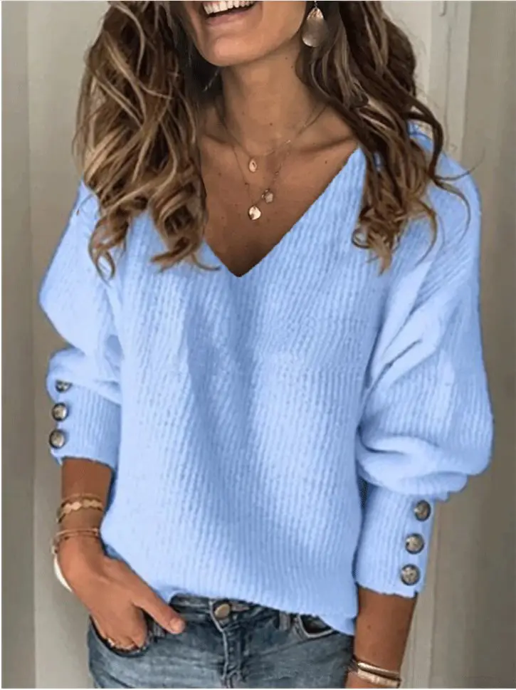 Women's Black Knitted V-neck T-shirt with Button Sleeves - Image 7