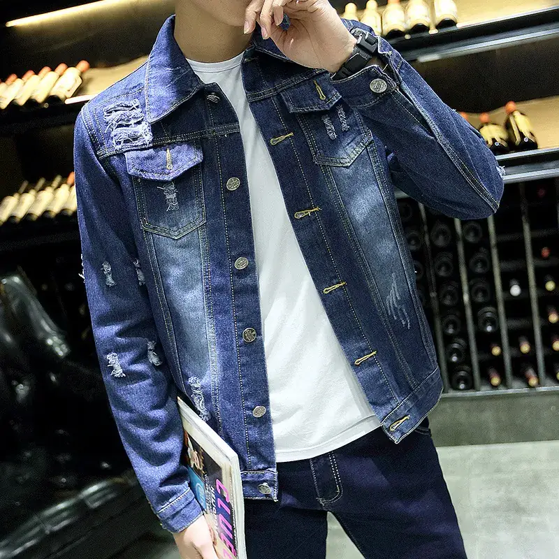 Men's 2020 Distinctive Ripped Denim Jacket Slim Fit - Image 3