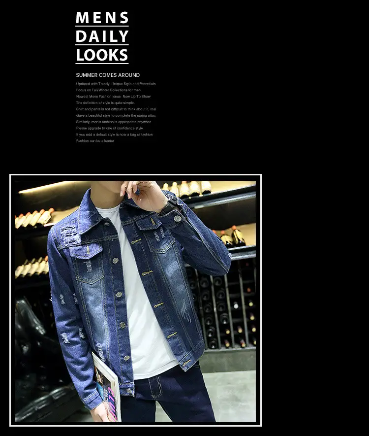 Men's 2020 Distinctive Ripped Denim Jacket Slim Fit — feature 10