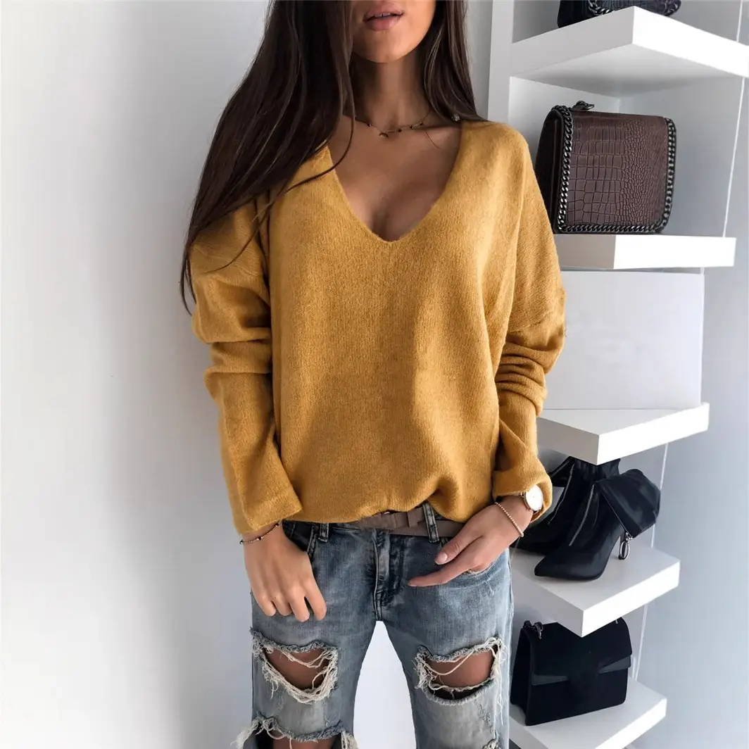 V-Neck Pullover Set Gold Cotton Casual Wear