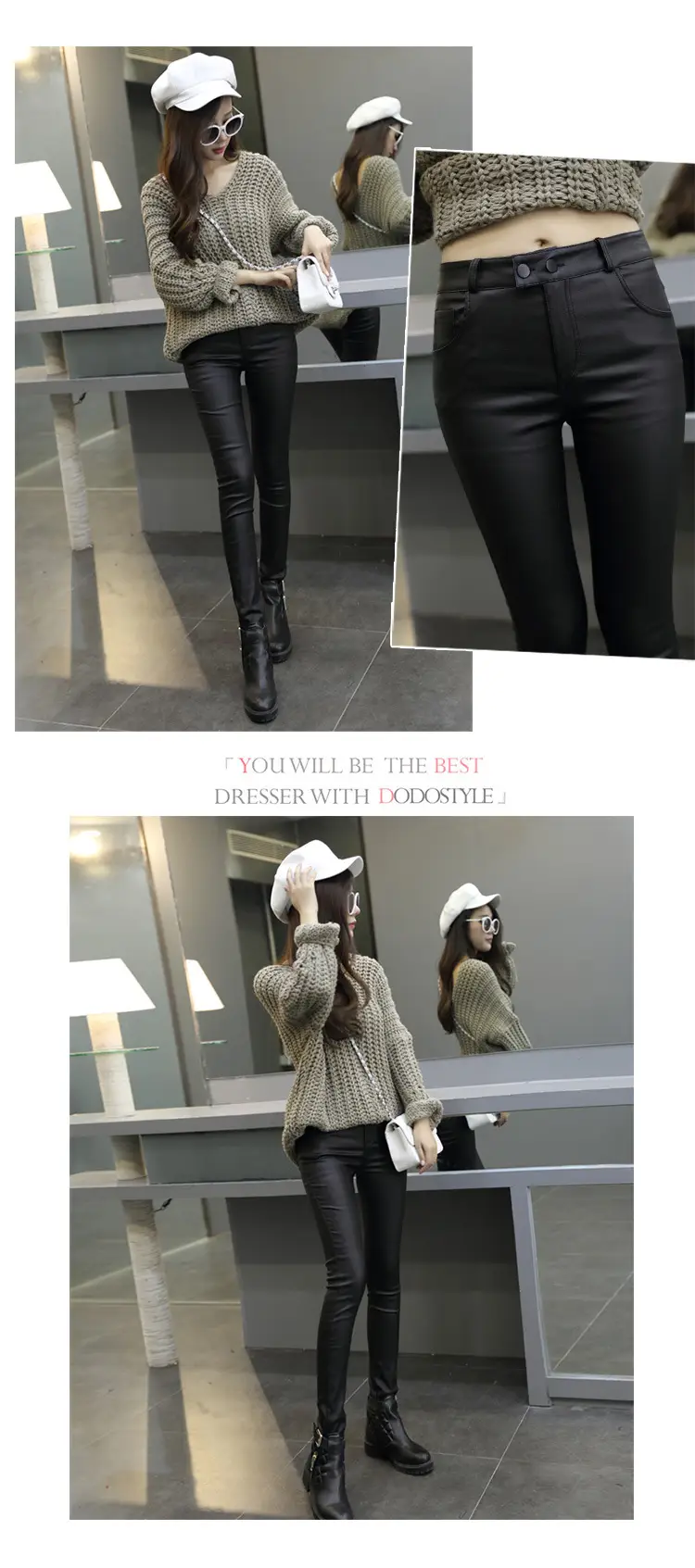 Women's Matte Black Fleece-Lined High Waist Leggings — feature 8