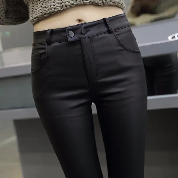 Women's Matte Black Fleece-Lined High Waist Leggings - Image 2