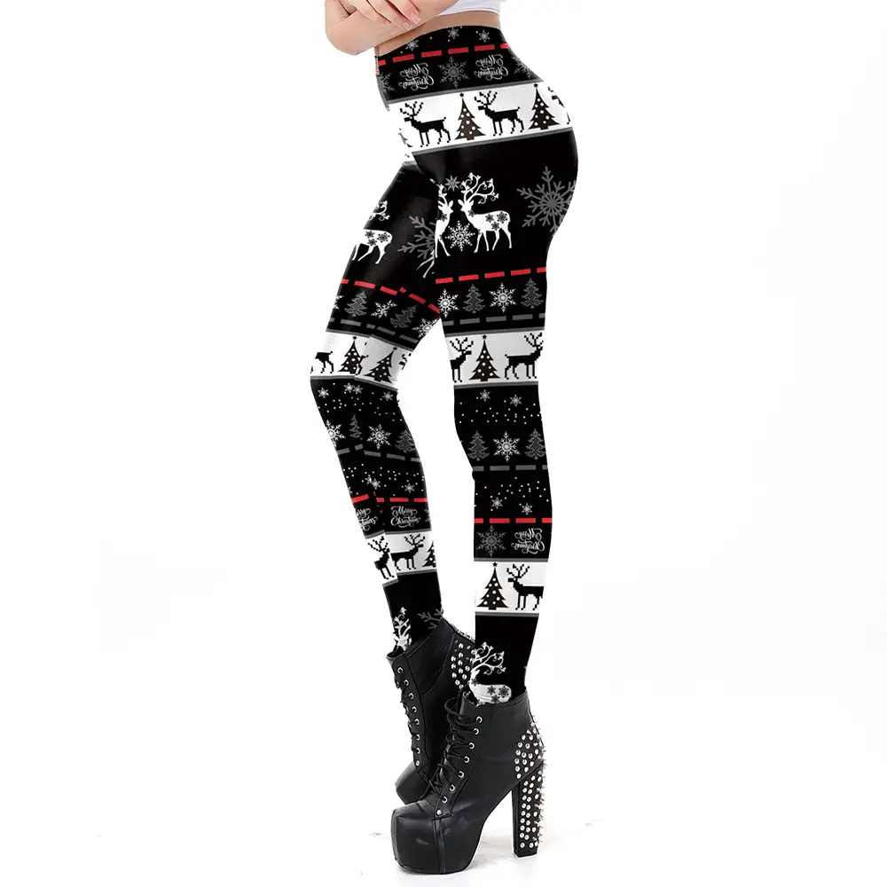 Christmas Print Stretch Leggings Women Red