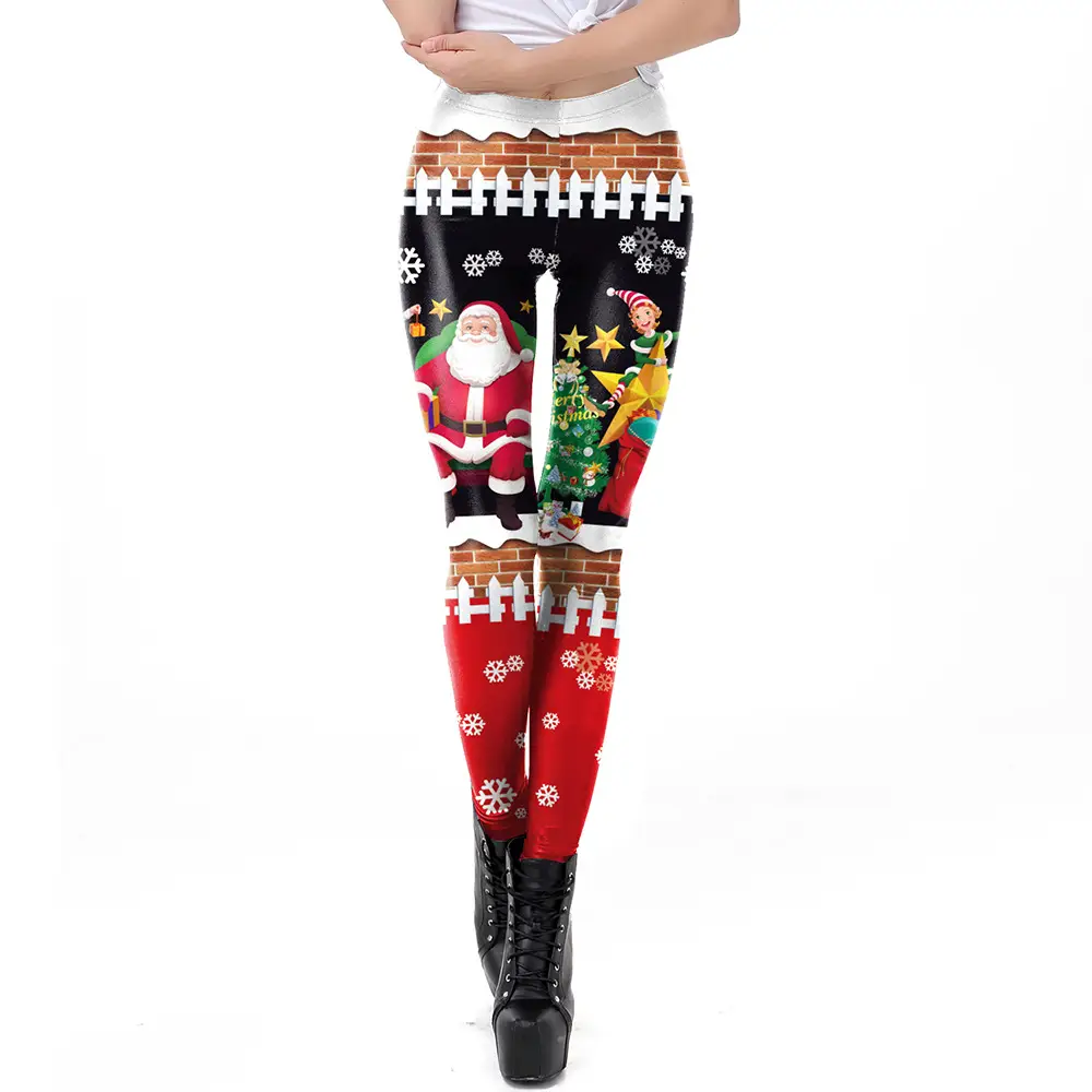 Christmas Print Stretch Leggings Women Red