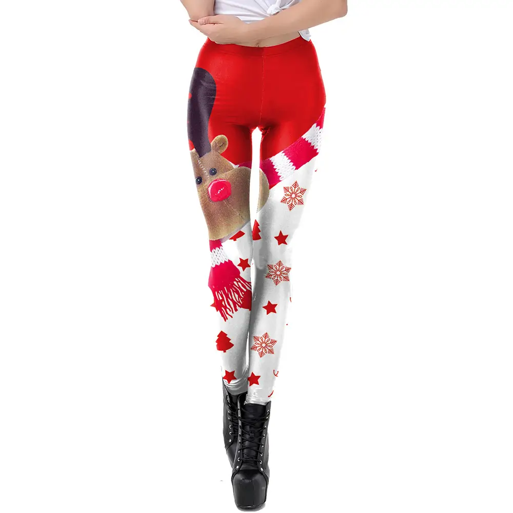 Christmas Print Stretch Leggings Women Red