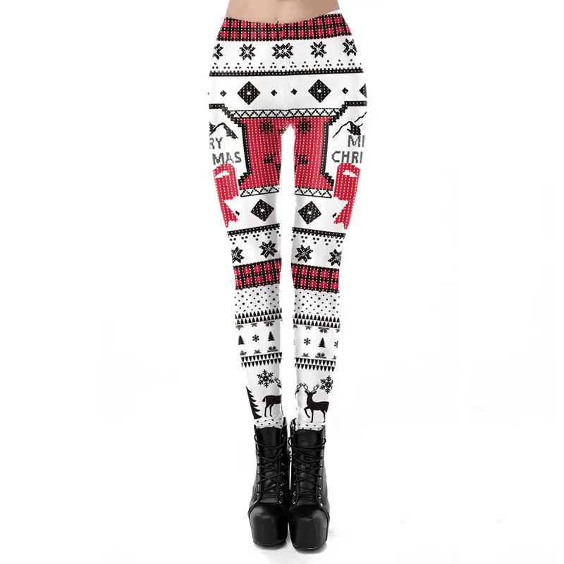 Christmas Print Stretch Leggings Women Red