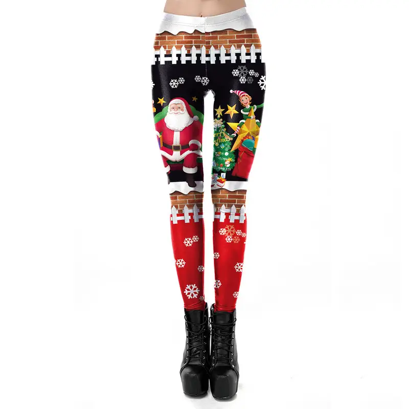 Christmas Print Stretch Leggings Women Red